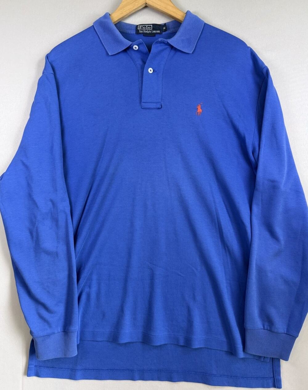 Polo Ralph Lauren Polo Shirt Mens Medium Blue Orange Pony Long Sleeve Cotton